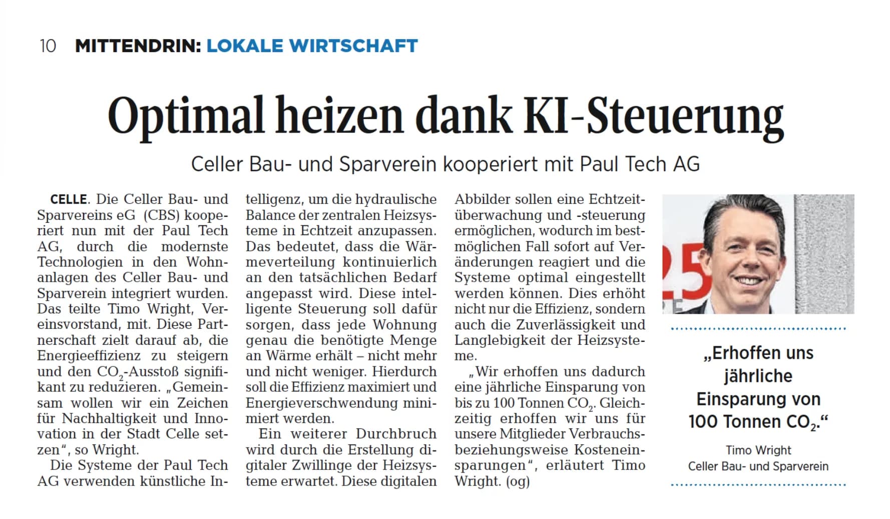 Zeitungsartikel: Innovative Partnerschaft zwischen CBS und PAUL Tech setzt neue Maßstäbe für energieeffizientes Wohnen in Celle durch KI-gesteuerte Heizsysteme